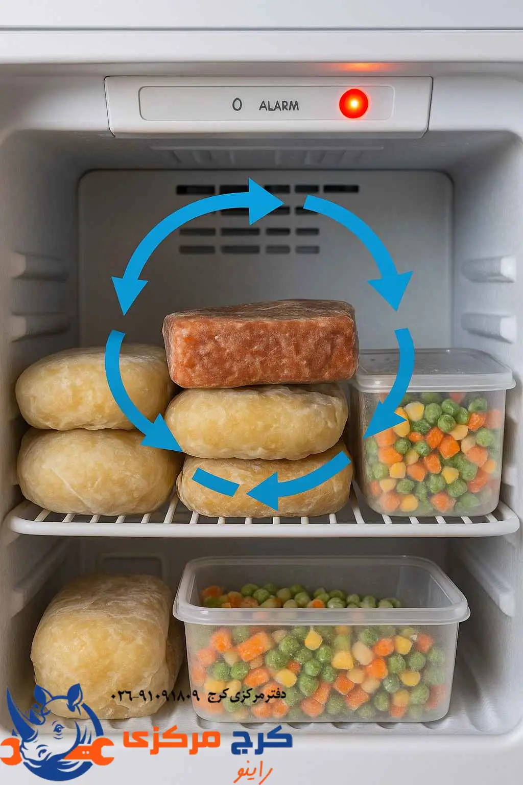  مسدود شدن گردش هوا داخل فریزر به دلیل چیدمان اشتباه مواد غذایی