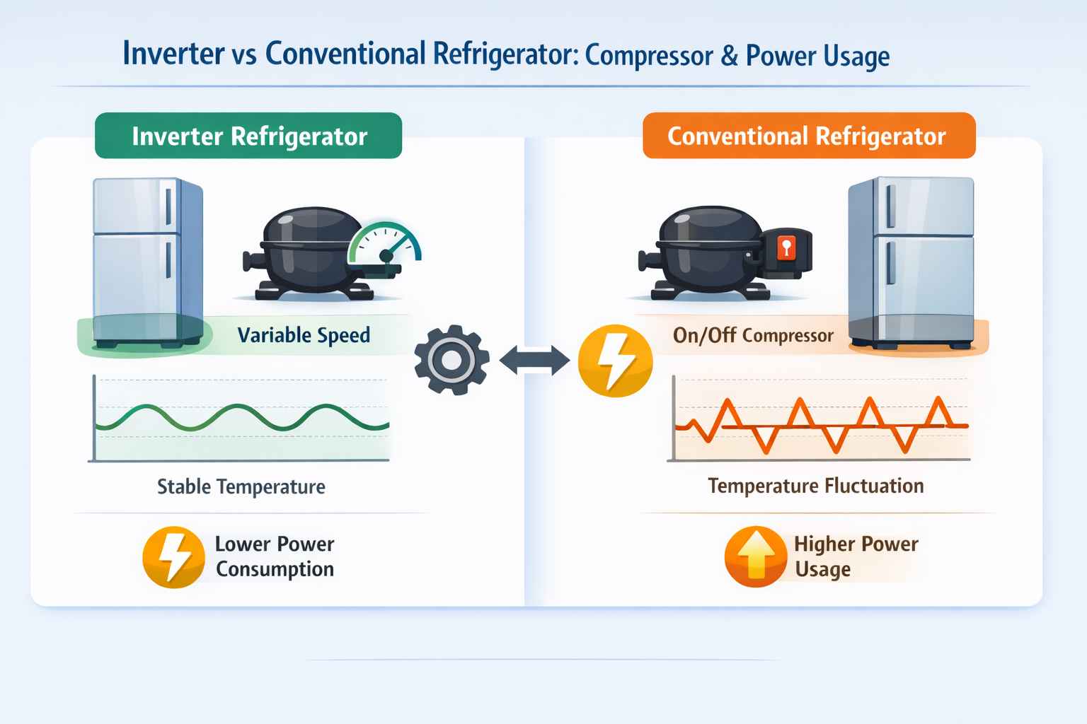 نمودار و شکل عملکرد کمپرسور یخچال اینورتر و معمولی و میزان مصرف برق آنها